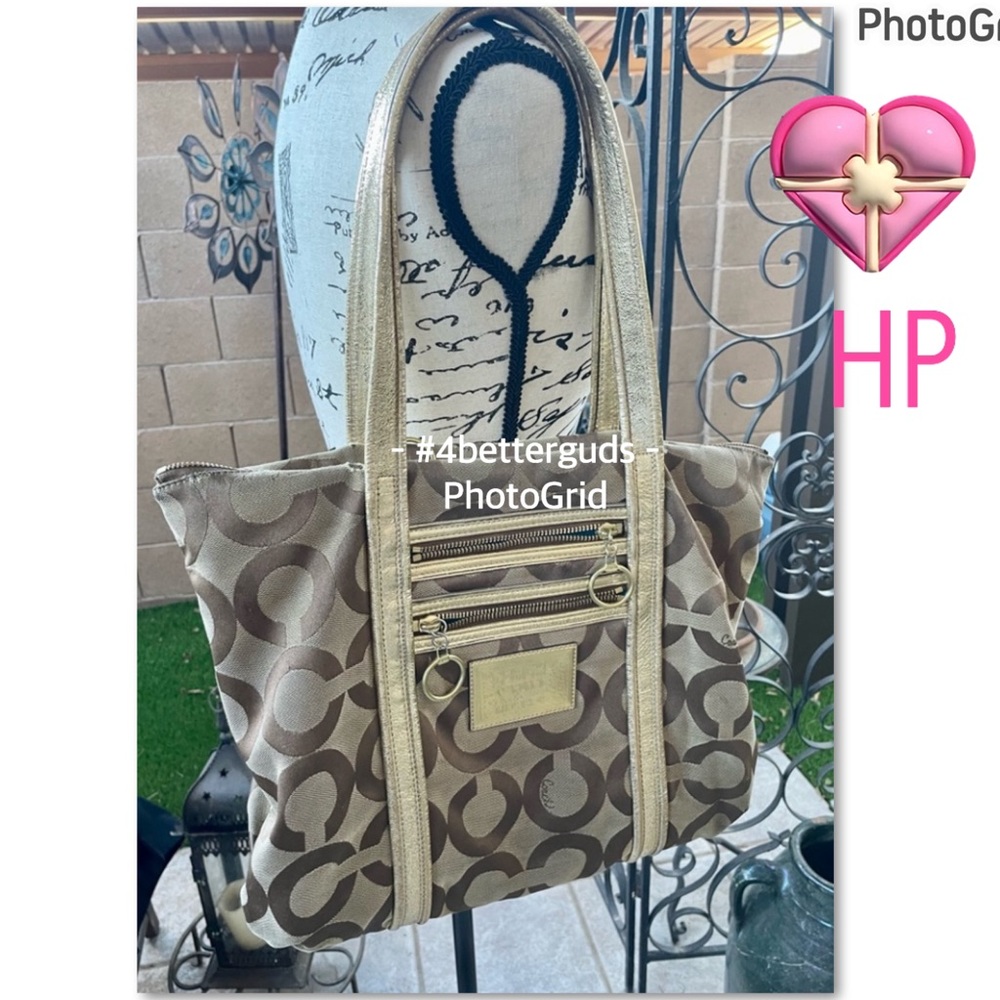 Coach Poppy Chocolate Brown & Gold Brand Signature Tote Fabric Bag Vintage